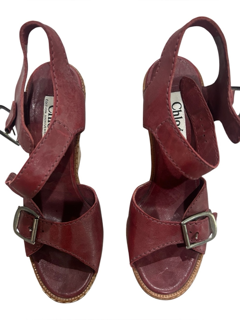 Chloe 60th Anniversary Burgundy Leather Heritage Wedge Sandals Size 39.5